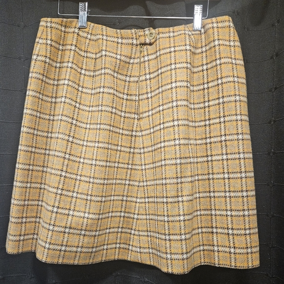 Vtg 60s Corner House Mustard Plaid Wool Tweed Mini Skirt Lined Metal Zipper L/XL - Picture 3 of 9